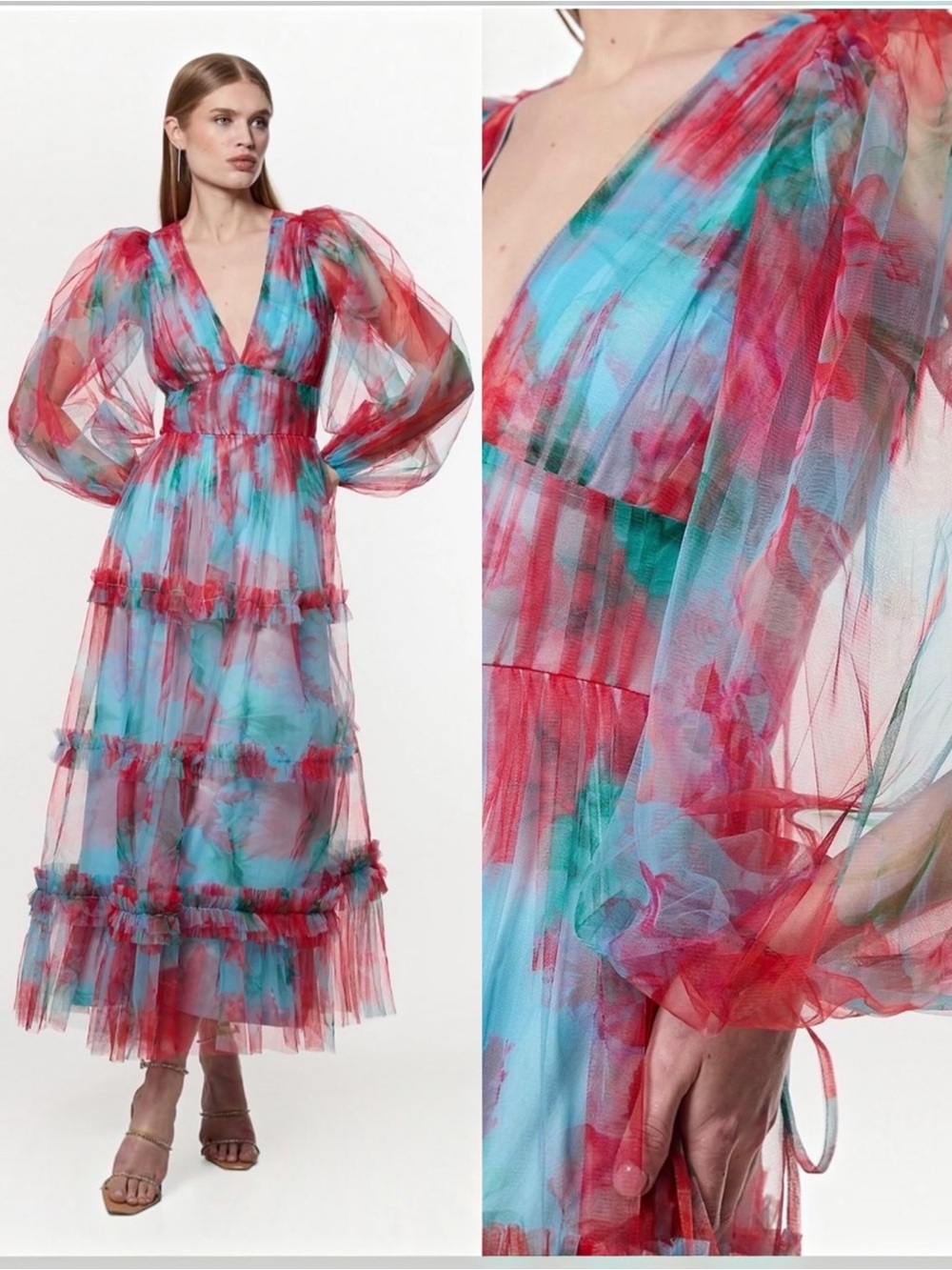 Karen Millen Tulle Floral Blue Red Sheer Balloon Sleeve Maxi Dress 6 8